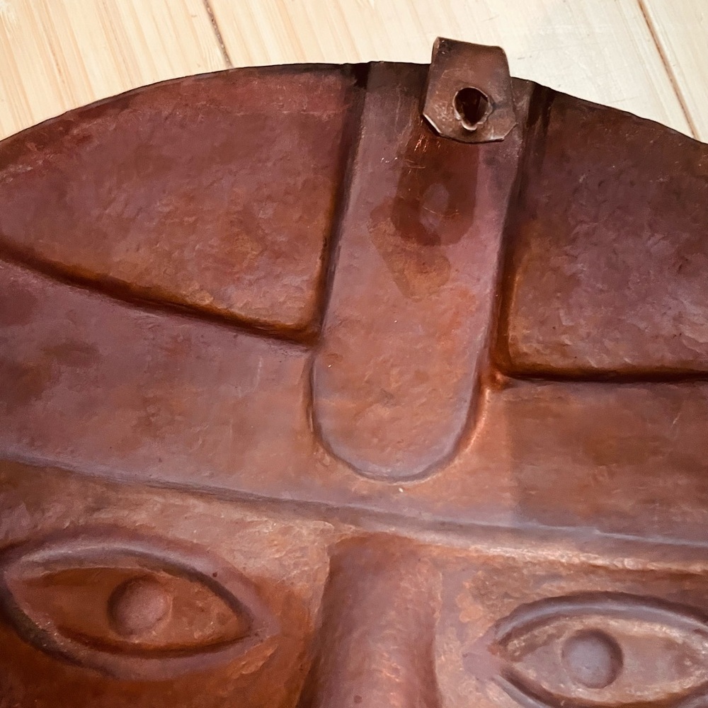 2 VTG RARE Hammered Copper Masks Creepy Aztec Decor 9" Hanging 3D Wall Art - Picture 6 of 9